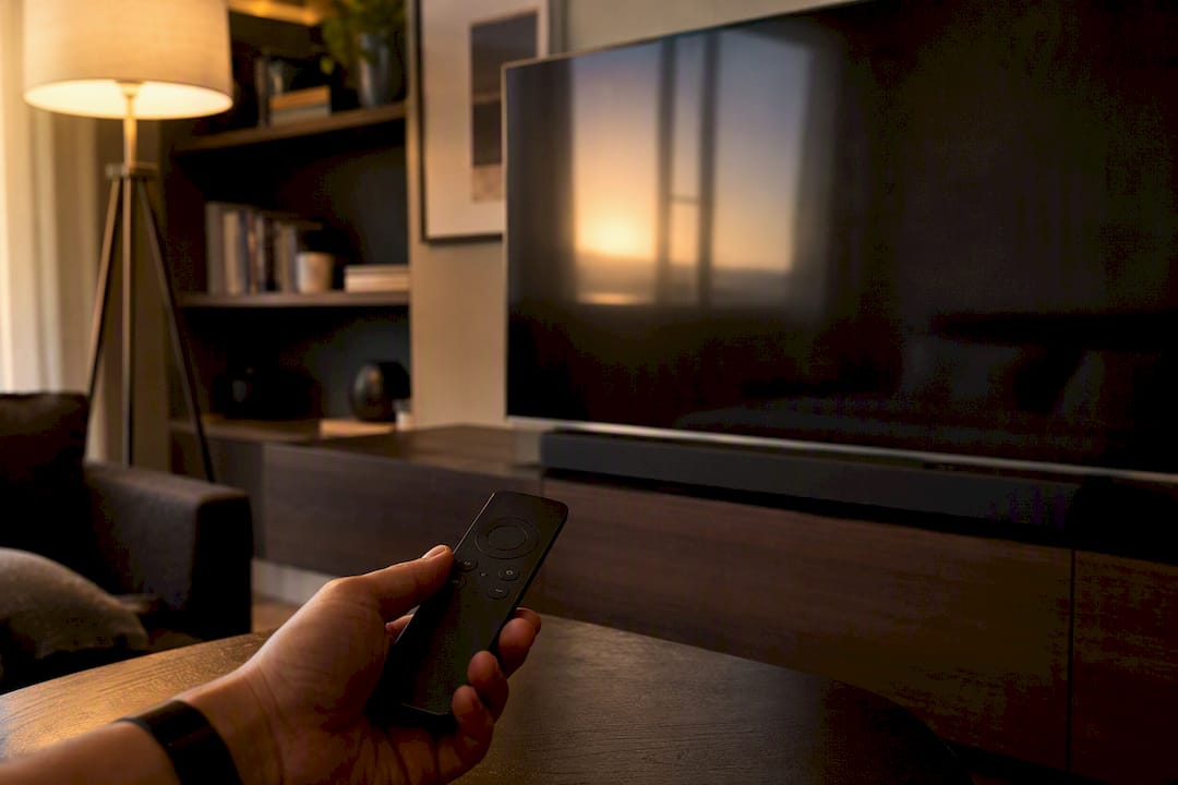 Impianto home cinema con TV e telecomando